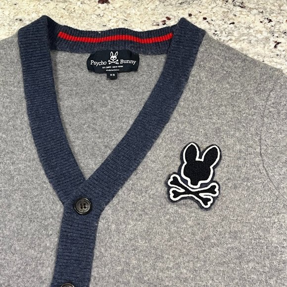 PSYCHO BUNNY Fulton Cardigan Sweater 498, Heather Grey Storm Skull Bunny, Unisex - Picture 5 of 16